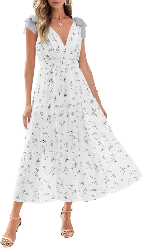 Wenrine Womens Summer Floral Maxi Dress Casual Self Tie Sleeveless V Neck Smocked Boho Tiered Bea... | Amazon (US)