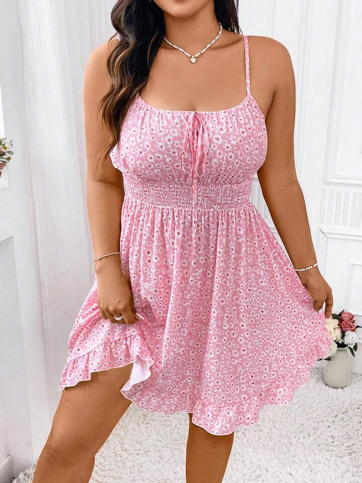 SHEIN WYWH Plus Size Floral Print Waist-Tie Spaghetti Strap Summer Holiday Dress | SHEIN