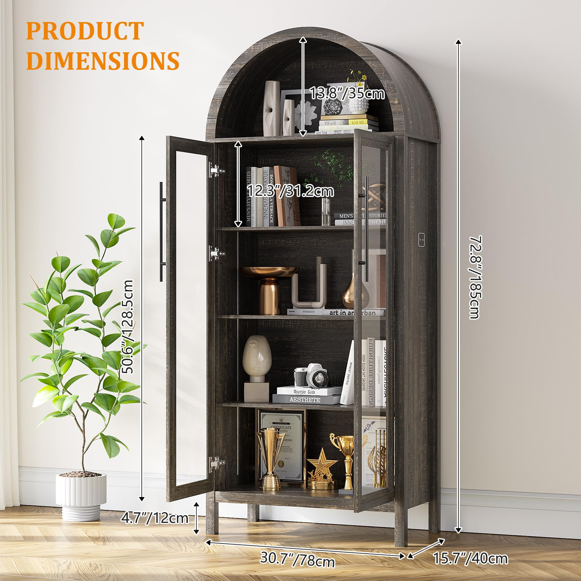 HWB Arched Display Cabinet with Glass Doors, 68” Tall Bookcase 5-Tier Curio Storage Pantry Cabi... | Amazon (US)