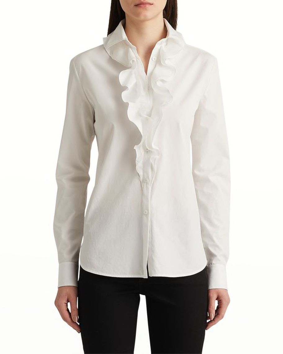 Ralph Lauren Collection Aryanna Silk Ruffle-Front Collared Shirt | Neiman Marcus