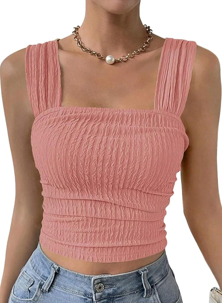 Womens Sexy Crop Tops Wide Strap Summer Sleeveless Square Neck Ruched Date Night Out Tank Top | Amazon (US)