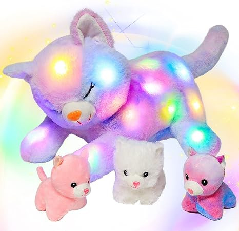 Hopearl LED Plush Cat Lighting Up Stuffed Mommy Cat with 3 Baby Kittens in her Tummy Stuffed Anim... | Amazon (US)