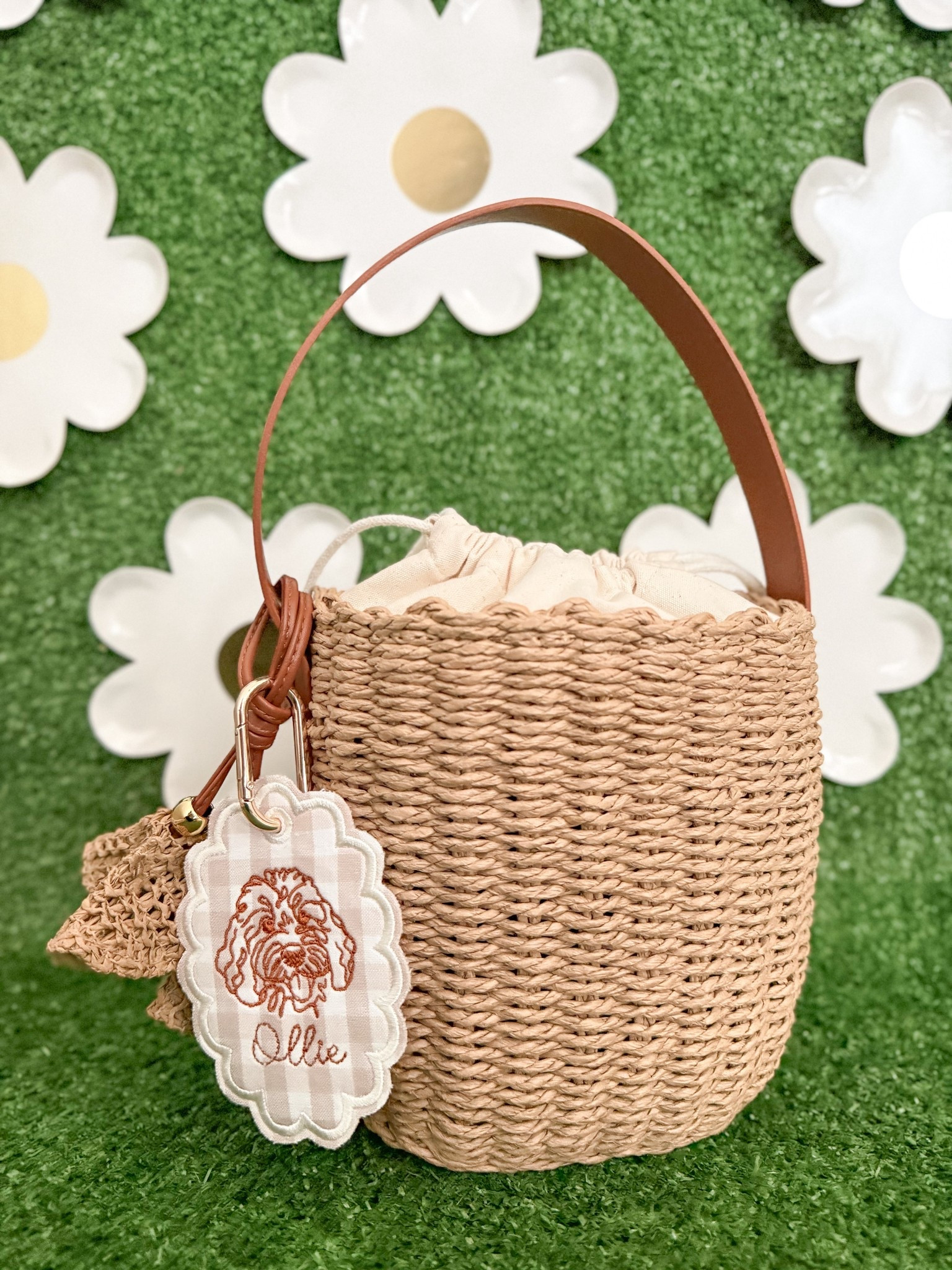 Picked up this cutie bag for spring. One sale, too! Custom embroidered dog bag charm tag sold separate from @sunnyandkoopy on IG more breed options available if you DM her on IG OLLIE10 to save 