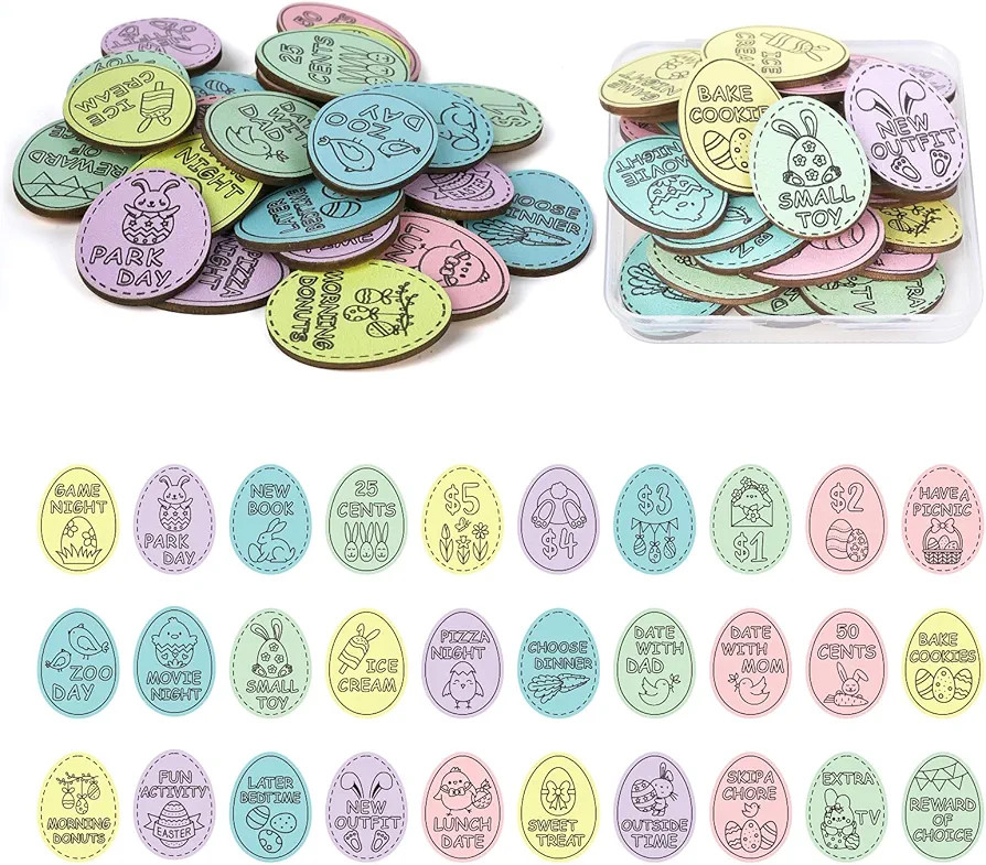 Easter Egg Fillers,30 Pack Wooden Easter Egg Tokens for Kid,Easter Stuffers with 30 Diffrent Engr... | Amazon (US)