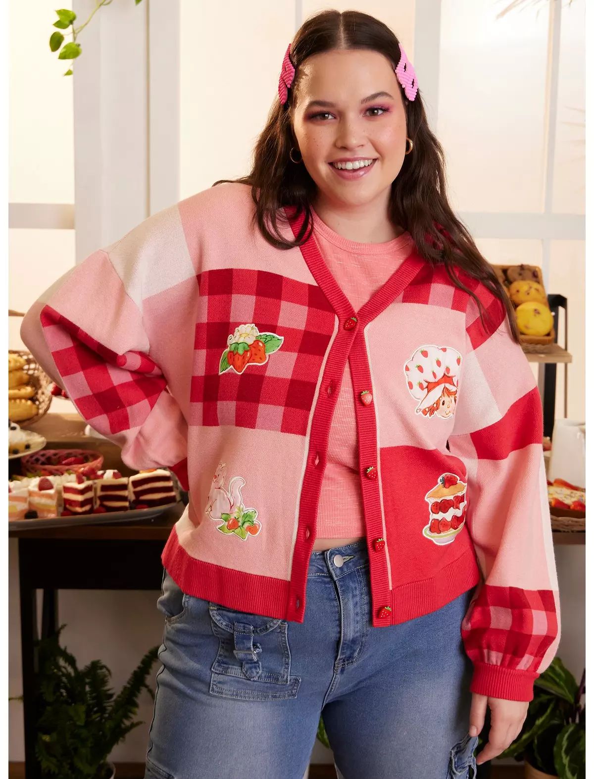 Strawberry Shortcake Gingham Patchwork Girls Cardigan Plus Size | Hot Topic