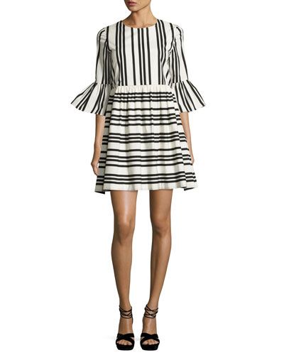 Augusta Striped Ruffle-Sleeve Dress, Black/White | Neiman Marcus