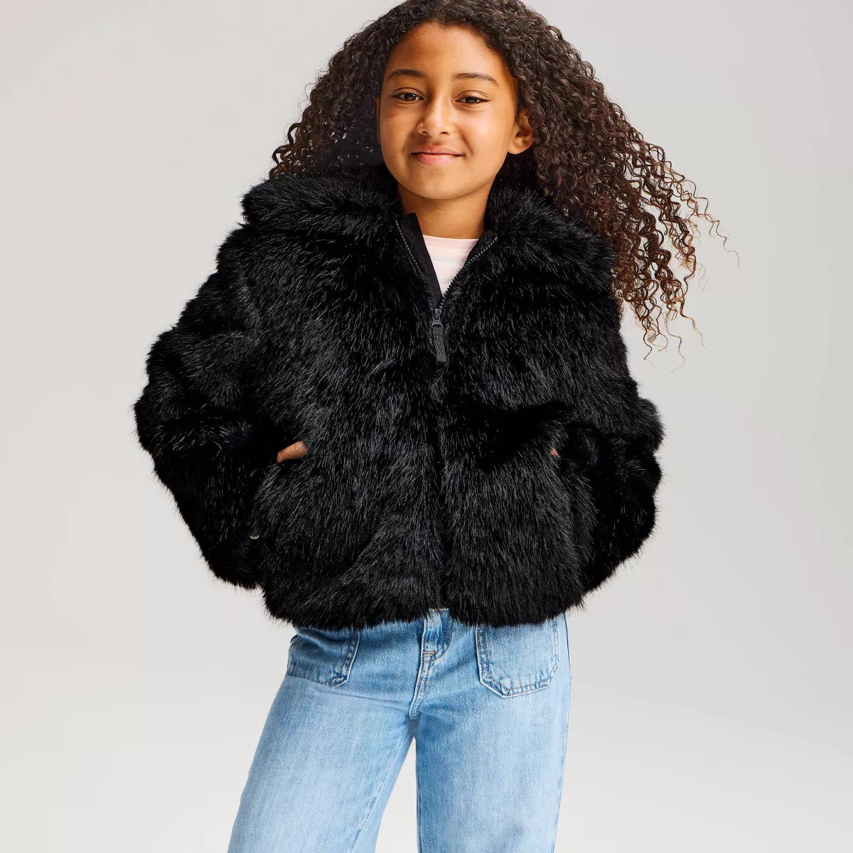 Girls' Faux Fur Short Coat - Cat & Jack\u2122 Black L | Target