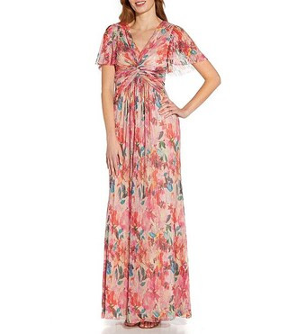 Metallic Floral Print Pleated Twist V-Neck Short Flutter Sleeve Gown | Dillard's