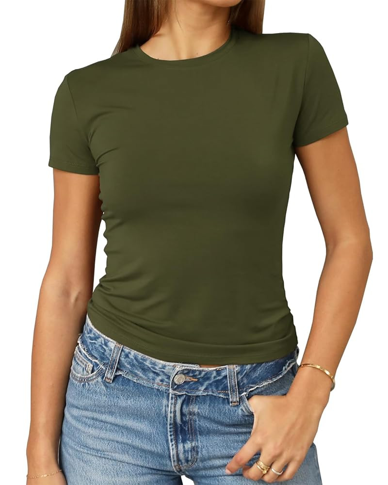 Abardsion Women's Casual Basic Going Out Crop Tops Slim Fit Short Sleeve Crew Neck Tight T Shirts... | Amazon (US)