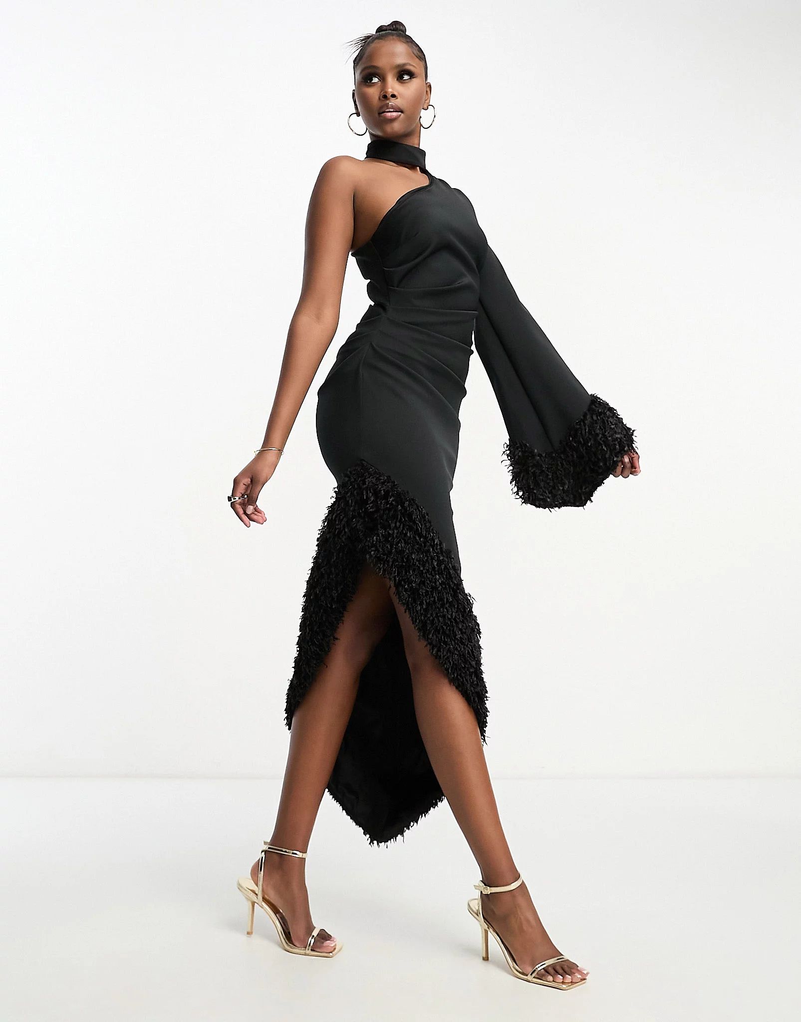 ASOS DESIGN one shoulder faux feather slit midi dress in black | ASOS (Global)