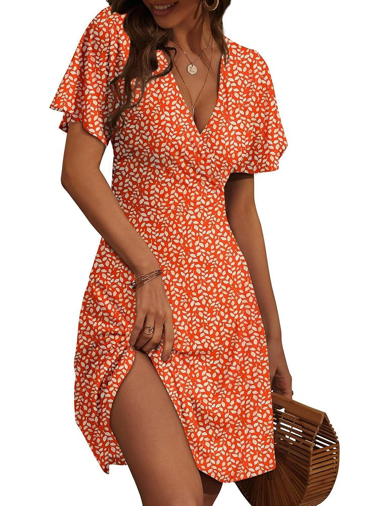 FENSACE Womens Sundress Summer Floral Short Sleeve Wrap V Neck A-Line Midi Dress | Amazon (US)
