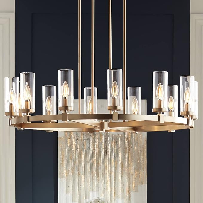 Stiffel Aron Brass Gold Wagon Wheel Chandelier 36" Wide Modern Clear Glass Cylinder Shade 12-Ligh... | Amazon (US)