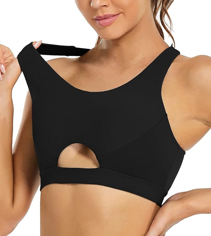OUYISHANG Strappy Yoga Workout Sports Bras for Women Criss Cross Back Medium Support Running Bra ... | Amazon (US)