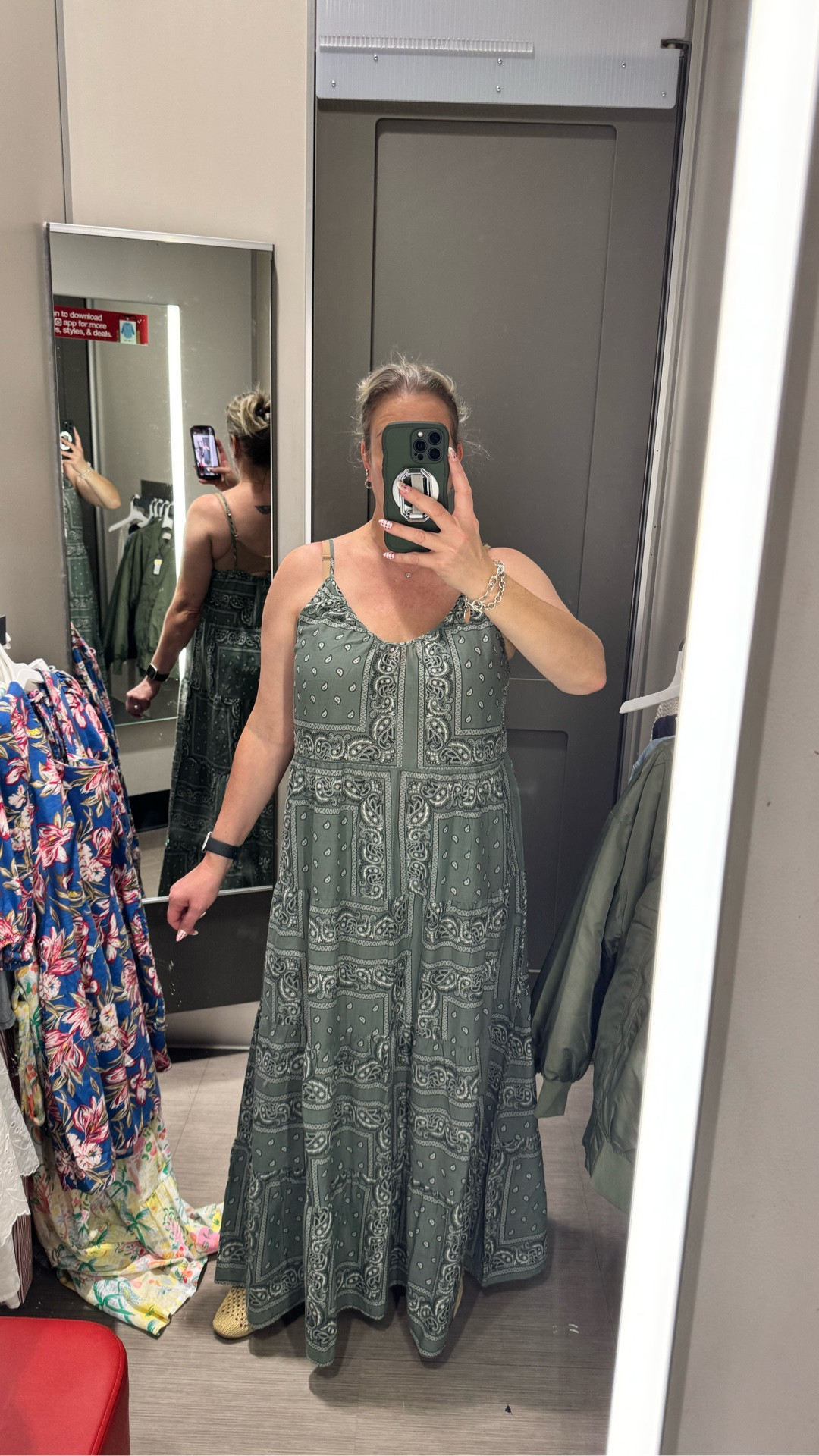 Easy breezy cover up!  Love this color and bandanna print.  Wearing a Sz large but could def would size down.  Not to see through—could throw a cardigan on or oversized tee with a belt and wear as a dress out. Has matching suits: one piece and bikini styles

🔎 Summer essentials, matching sets, bandanna print swimsuit cover, swimsuits, summer swim suits, target finds, target swim, styled with bags 

#LTKSeasonal #LTKSwim #LTKMidsize