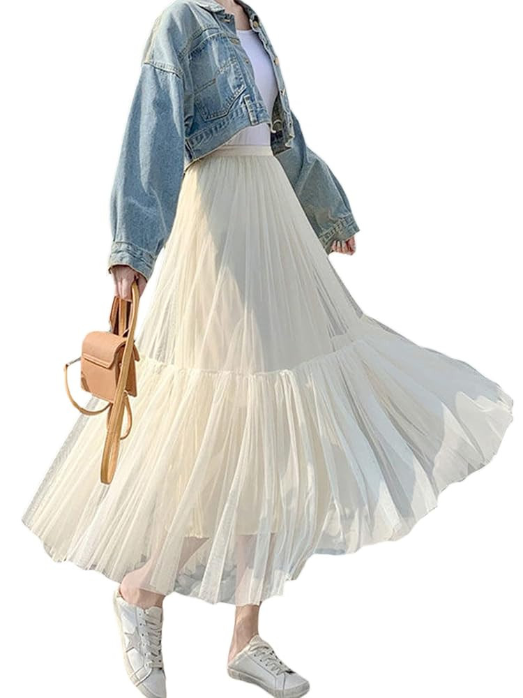Womens Tulle Midi Skirt A-Line Fairy Elastic Waist Layered Mesh Tutu Party Skirts | Amazon (US)