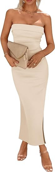 PRETTYGARDEN Women's Summer Bodycon Maxi Tube Dress Ribbed Strapless Side Slit Long Going Out Cas... | Amazon (US)