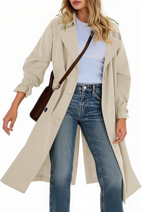 Tankaneo Womens Long Trench Coat Double Breasted Notch Lapel Lightweight Oversized Windproof Fall... | Amazon (US)