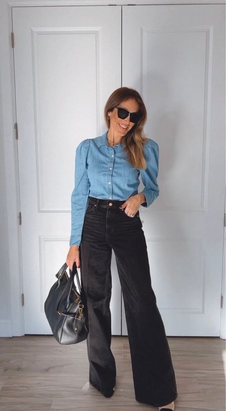 Loving this casual work outfit idea 
I am loving wide leg pants lately 
These are beautiful and has a great fitting!

Puff Shoulder Denim Portofino Shirt is adorable 
Everything fits true to size.
I am wearing a size 2 long pants 
And small on the shirt 

#LTKstyletip #LTKitbag #LTKshoecrush