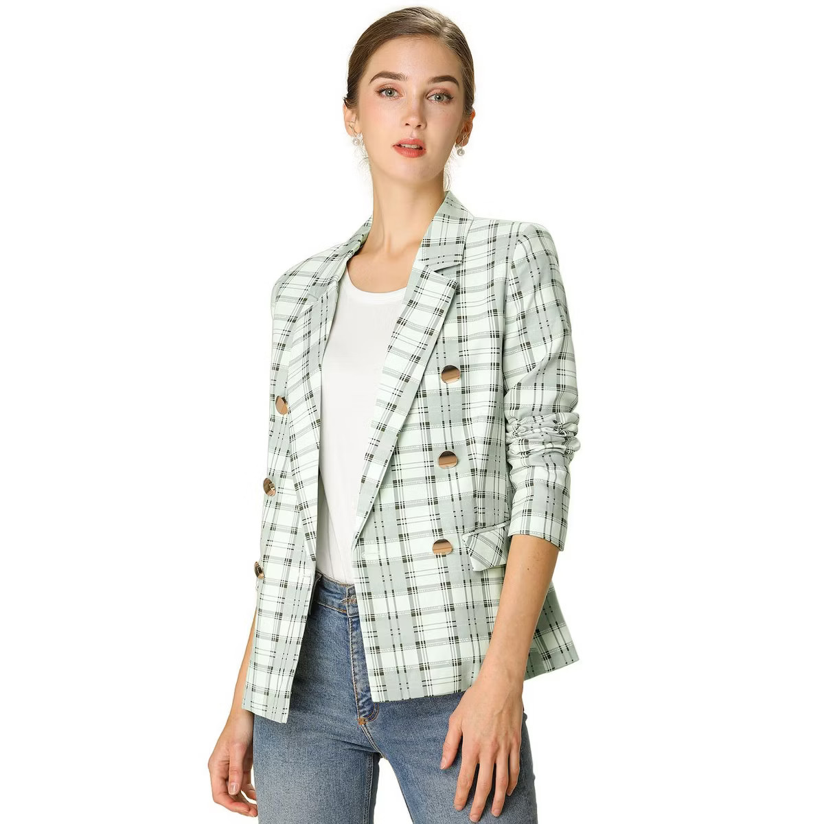 Allegra K Women's Notched Lapel Double Breasted Plaid Formal Blazer Jackets | Target