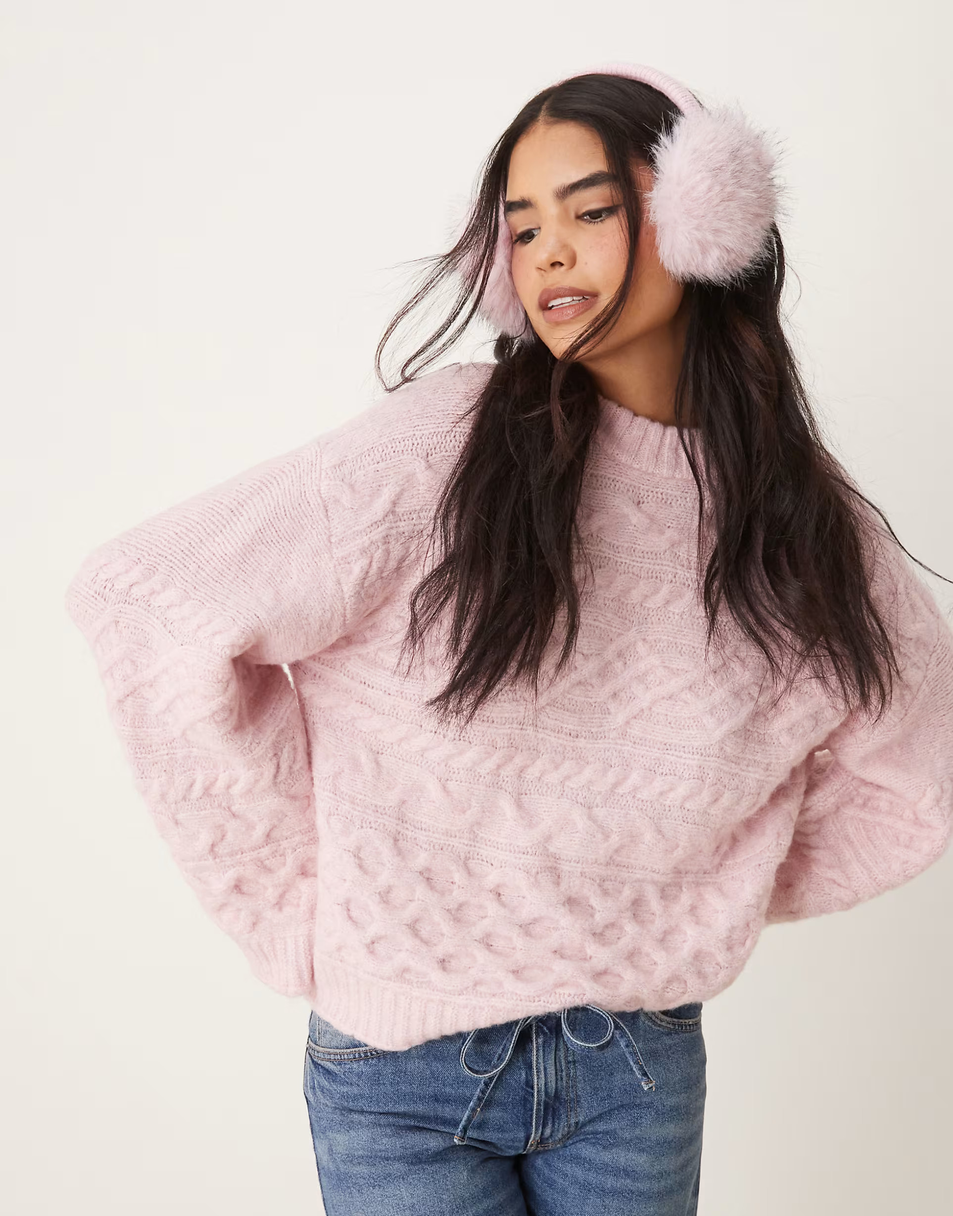 ASOS DESIGN 3D cable knit jumper with wide cuff in soft pink | ASOS (Global)