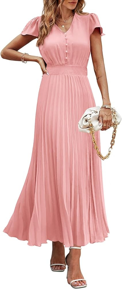 PRETTYGARDEN Women's Summer Maxi Dresses 2026 Trendy Casual Button V Neck Ruffle Cap Sleeve Long ... | Amazon (US)