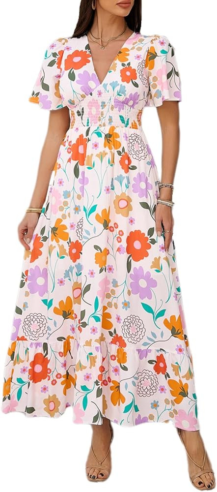 Boho Floral Maxi Dress for Women 2026 Empire Waist Short Sleeve Dresses Summer Beach Vacation Wed... | Amazon (US)