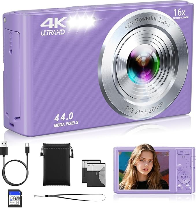 Digital Camera, FHD 4K 44MP Compact Point and Shoot Cameras with 64GB SD Card 2 Batteries, 16X Au... | Amazon (US)