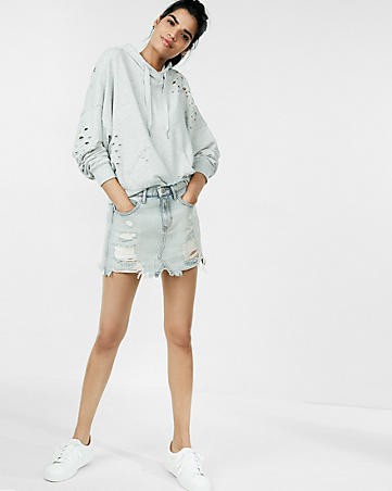 Mid Rise Distressed Original Denim Mini Skirt | Express