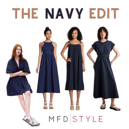 Few things scream summer more than a navy dress. Pick your length. Add a metallic sandal or sporty sneaker and walk out the door!