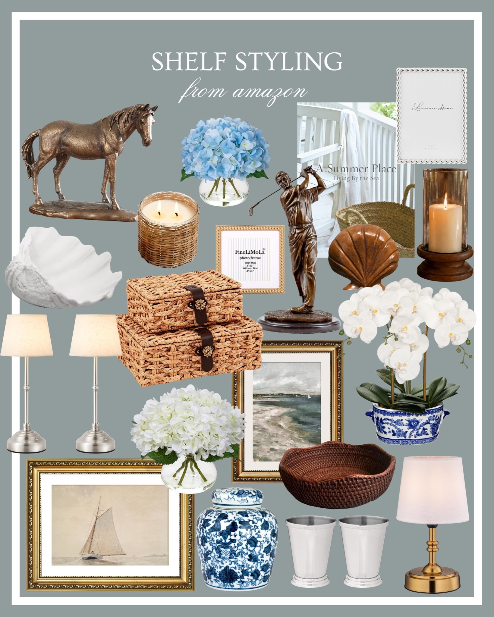 Shelf styling from Amazon 💙 Coastal home decor, how to style shelves, Amazon home, Nancy meyers home inspiration, Nancy meyers home decor, blue and white decor, Amazon decor, Amazon style