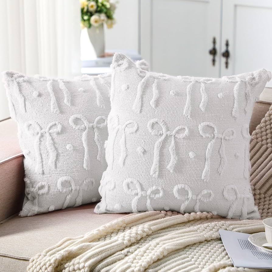Mixweer Cream White Bow Throw Pillow Covers 18x18 Set of 2 Coquette Decorative Pillow Covers Soft... | Amazon (US)