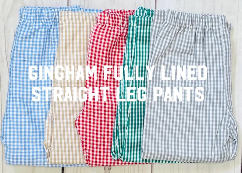 GINGHAM FULLY LINED straight Leg Pants Navy, Light Gray, Royal Blue, Red, Kelly Green, Light Blue... | Etsy (US)