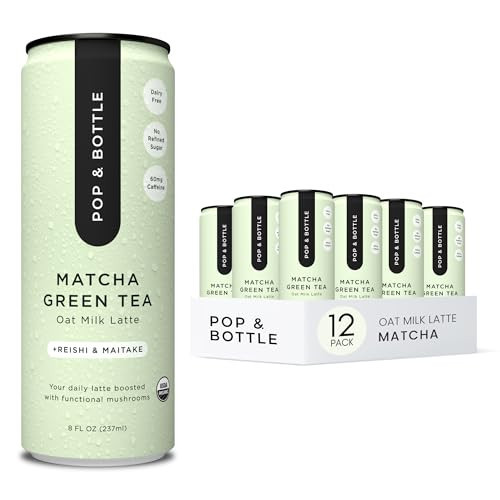 Pop & Bottle, Oat Milk Lattes - Matcha with Reishi and Maitake Mushrooms, Green Tea Latte, MCT Oil, Organic, Dairy Free, Gluten Free, Lightly Sweetened with Dates - Matcha, 8 Fl Oz (12 Pack) | Amazon (US)