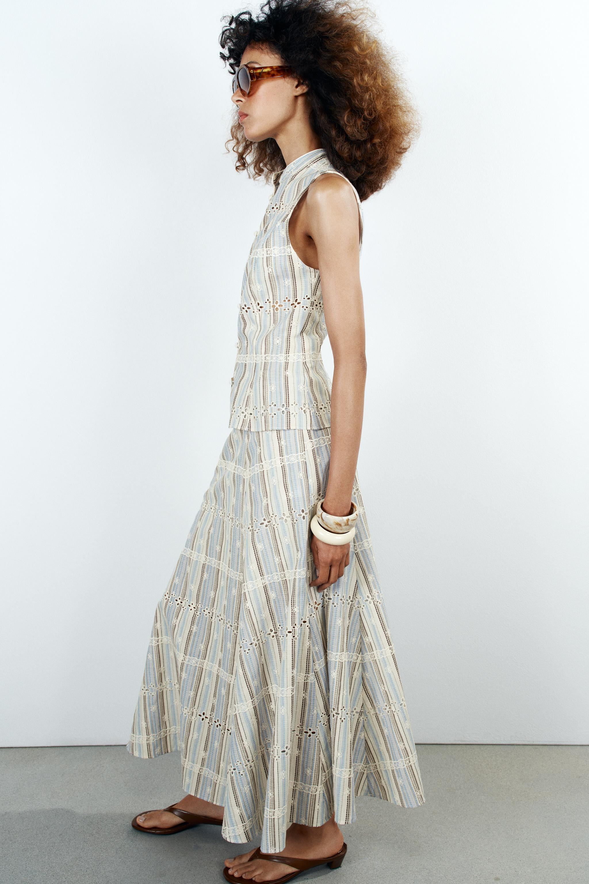 STRIPED EMBROIDERED MIDI SKIRT | Zara US