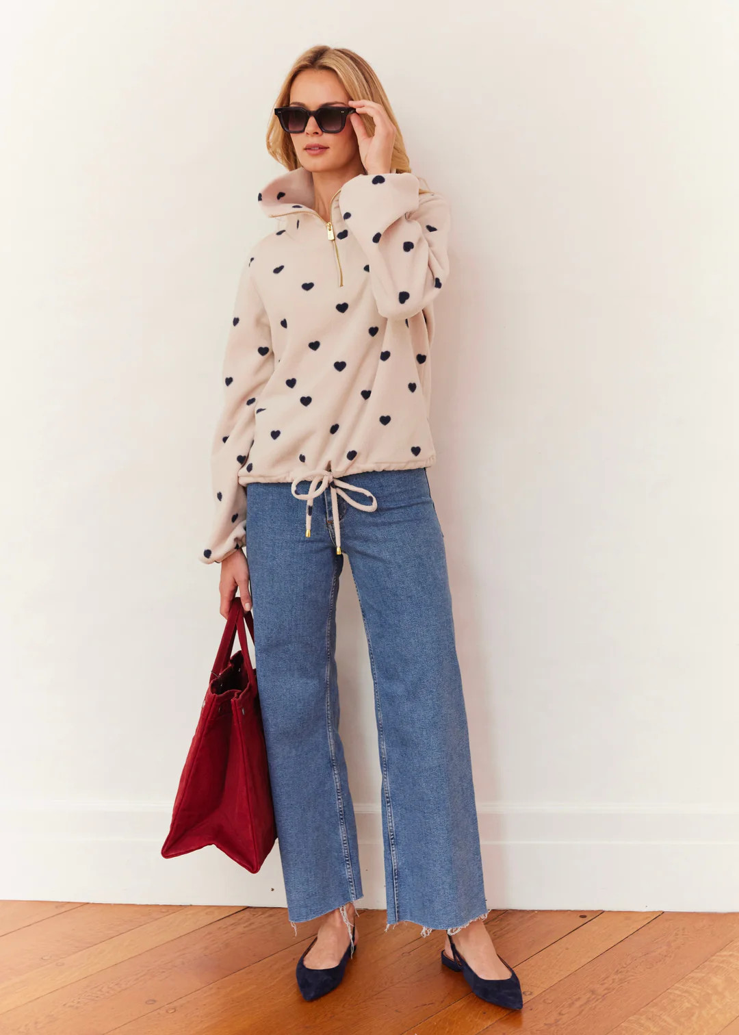 Boardwalk Pullover in Vello Fleece (Oatmeal/Navy Heart Print) | Dudley Stephens