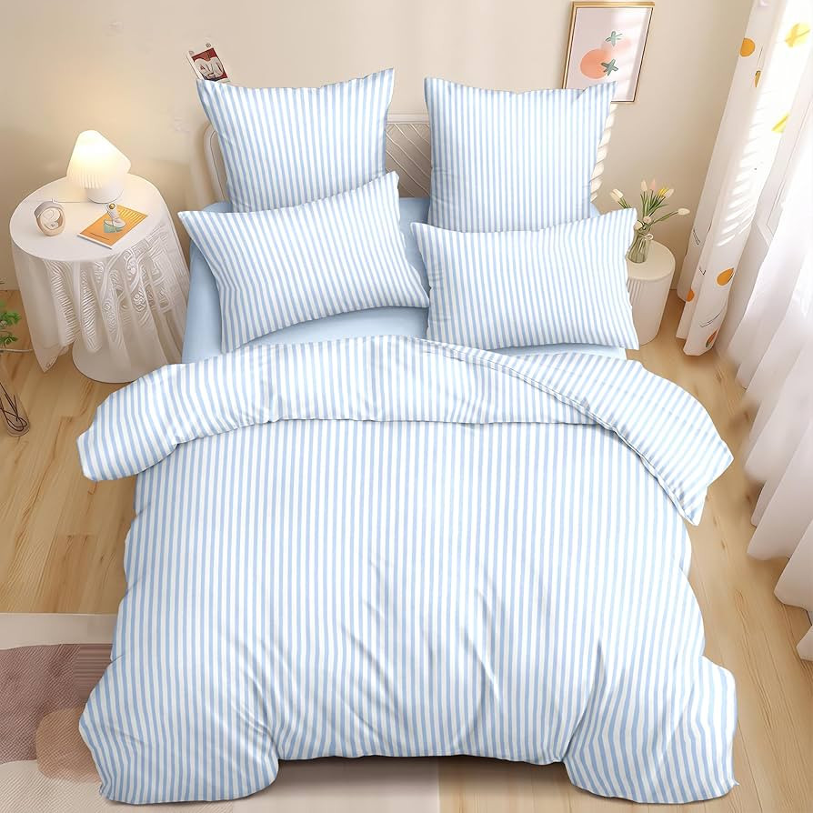 Nayoroom Blue Striped Comforter Set Queen Size White Stripe Comforter 3 Pieces Girls Soft Lightwe... | Amazon (US)