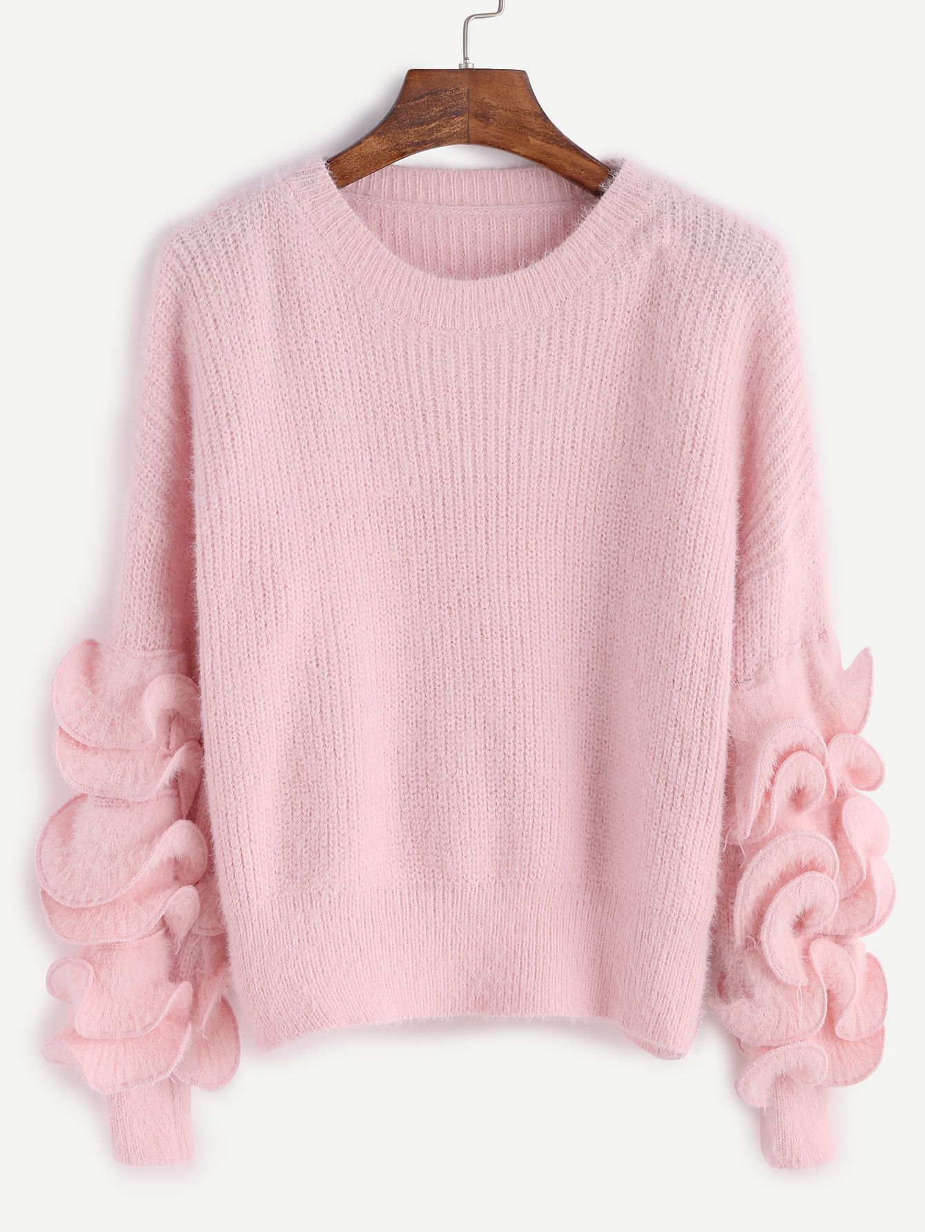Pink Drop Shoulder Ruffle Trim Fuzzy Sweater | SHEIN