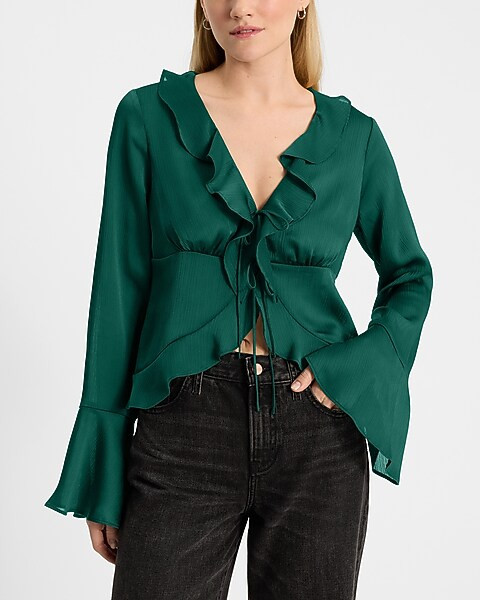 Satin V-Neck Kimono Sleeve Ruffle Tie Front Top | Express