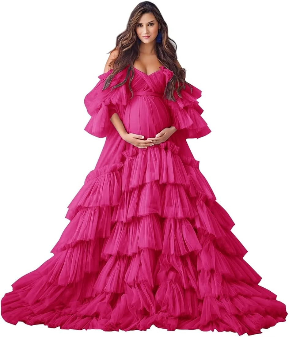 Ruffles Puffy Tulle Maternity Dresses for Photoshoot Off Shoulder Bridal Lingerie Baby Shower Pre... | Amazon (US)