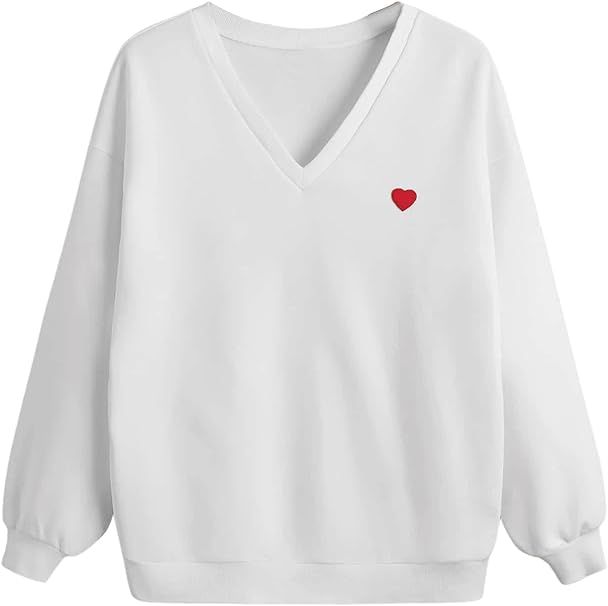 SweatyRocks Women's Heart Graphic V Neck Long Sleeve Sweatshirt Drop Shoulder Pullover Top | Amazon (US)
