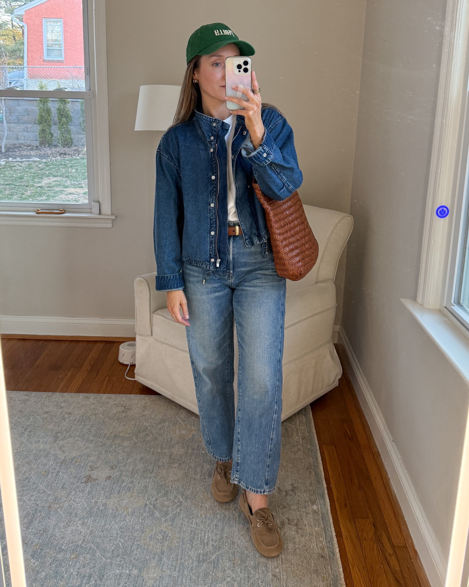 This whole outfit is madewell and is currently 25% off for the insider sale! Wearing a size medium in the jacket and a 26 in the jeans. ￼