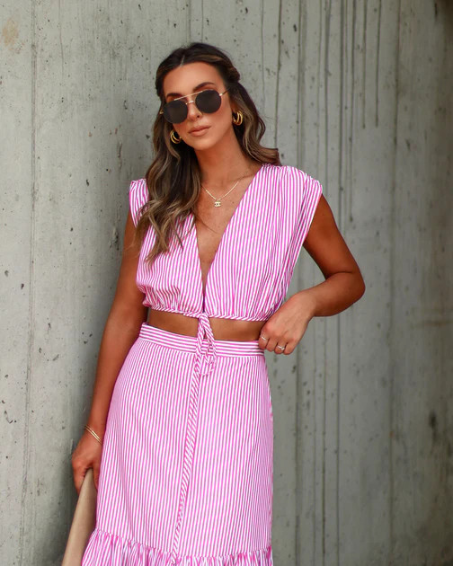 Reagan Striped Drawstring Crop Top - Pink/White - SALE | VICI