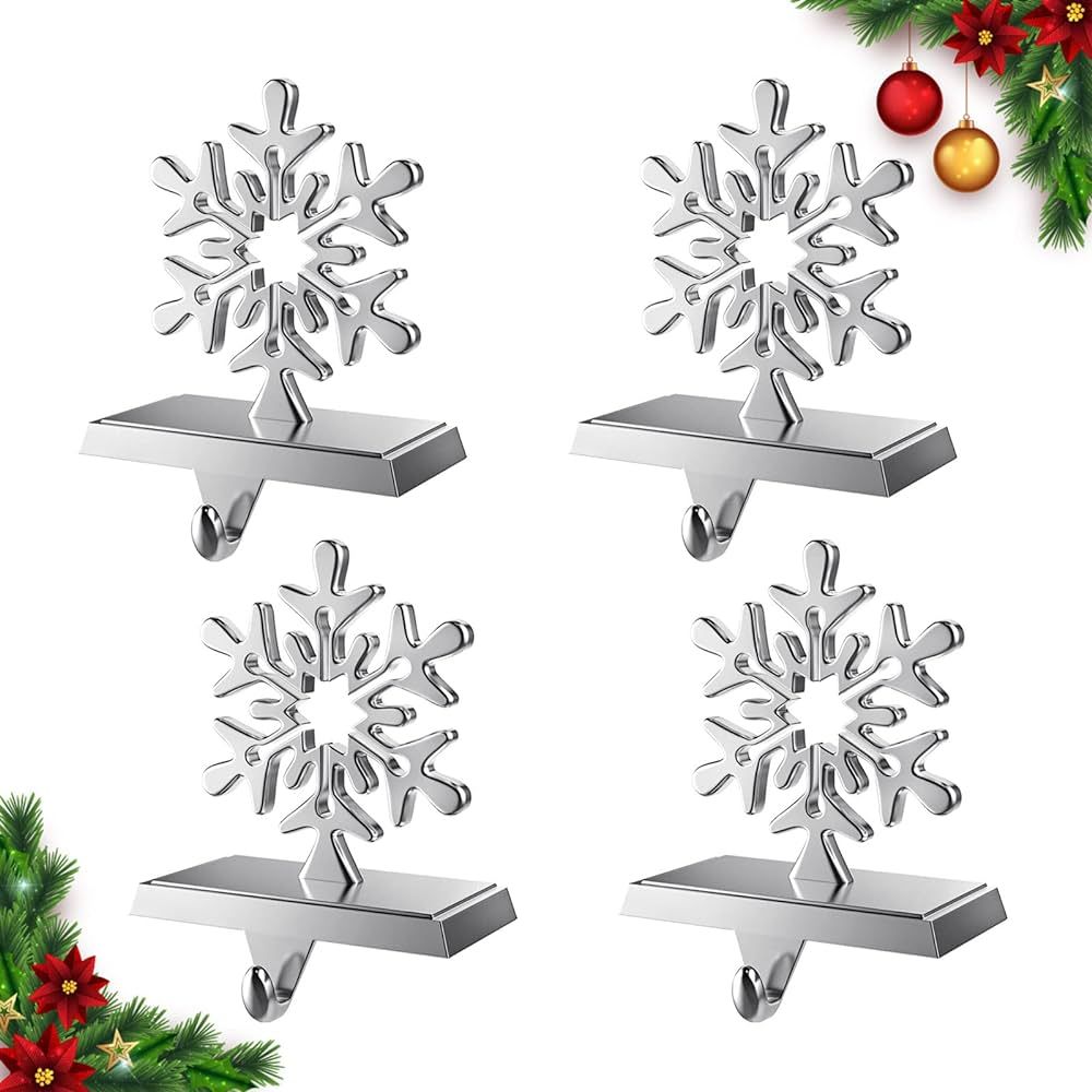 Christmas Stocking Holders for Mantle - CZMIYRPY 4 Pack Snowflake Stocking Hooks, Anti-Slip Decorati | Amazon (US)