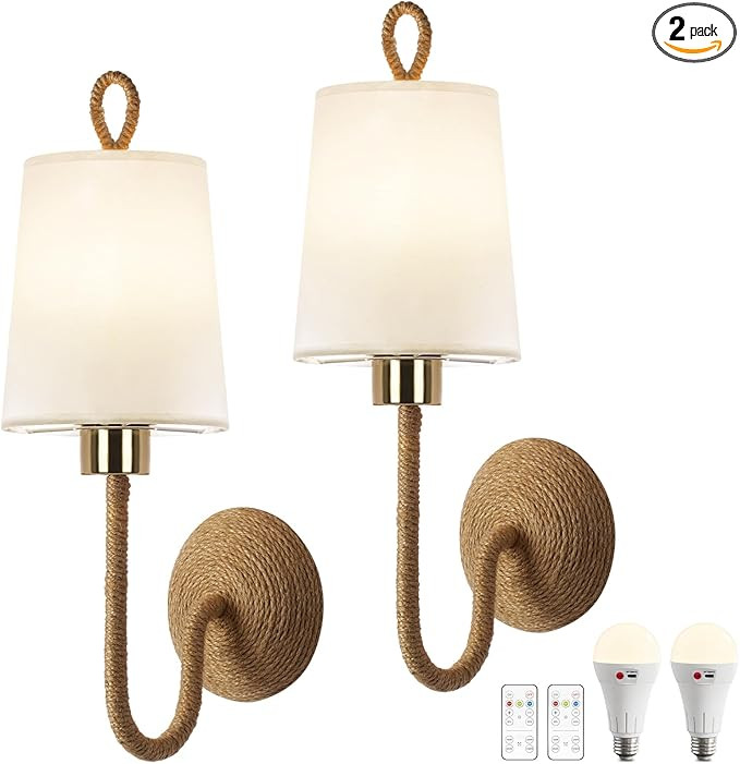Set of 2 Boho Wall Sconce Lamps – Wireless Cordless LED Wall Lights with Remote, Rechargeable 5... | Amazon (US)