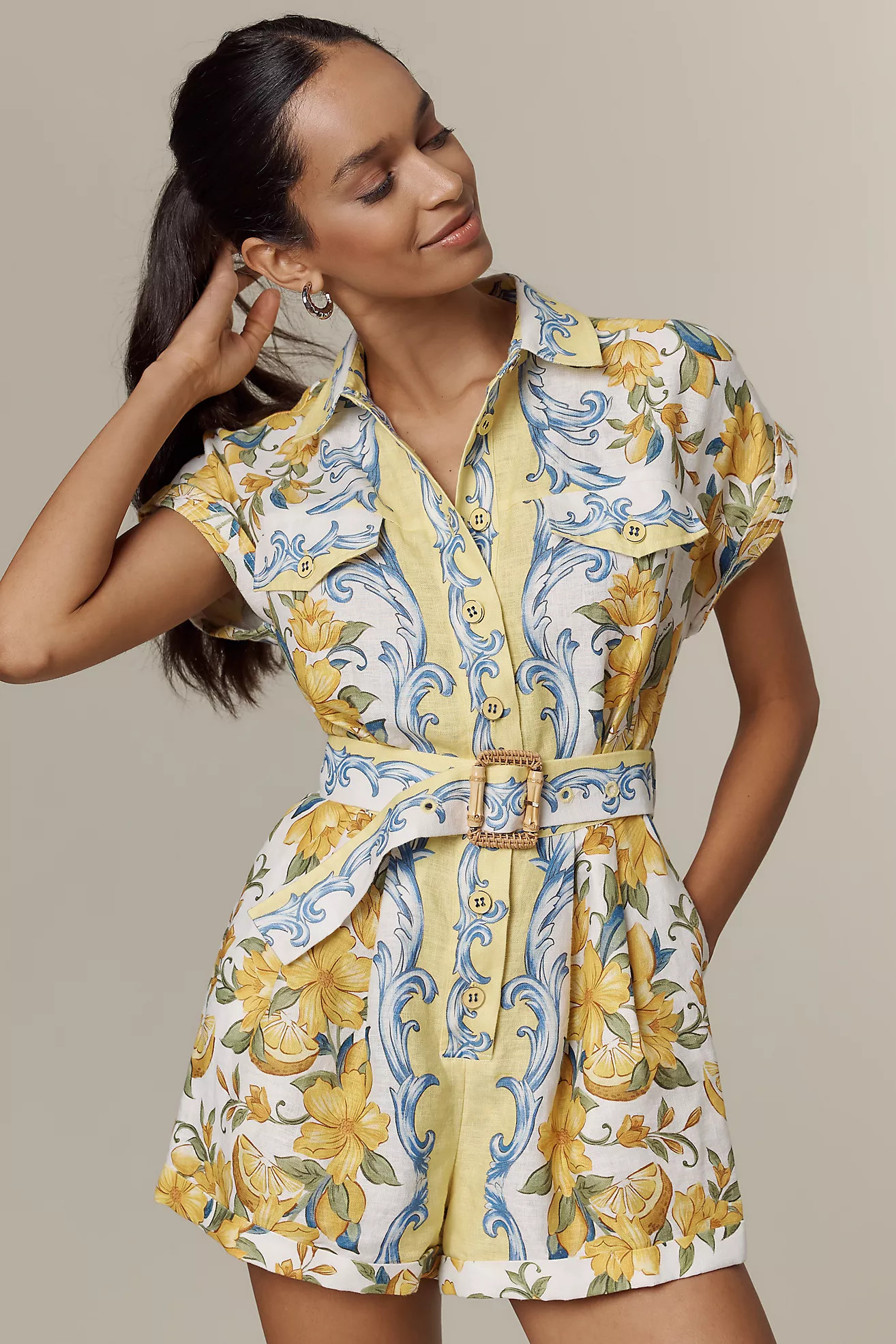 Farm Rio Sicily Linen Belted Romper | Anthropologie (US)