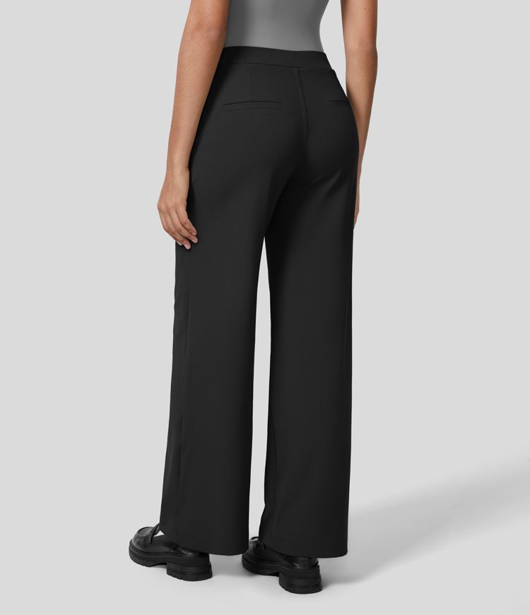 High Waisted Plicated Side Pocket Straight Leg Work Pants | HALARA