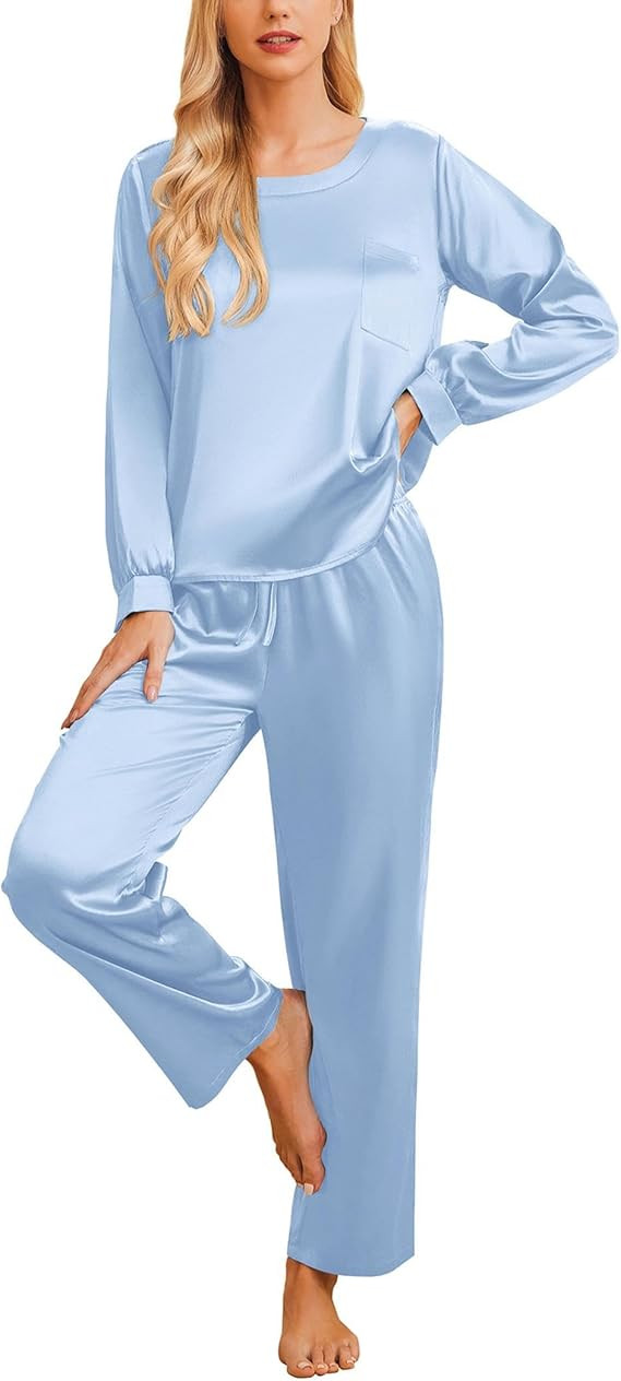 Ekouaer Womens Satin Silky Pajama Set Long Sleeve Top with Long Pajama Pant Set Soft PJ Loungewea... | Amazon (US)