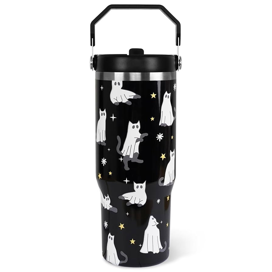 Halloween Tumbler with Lid and Straw 30oz,Black Cute Ghost Cat Vacuum Insulated Leak Proof Tumble... | Amazon (US)