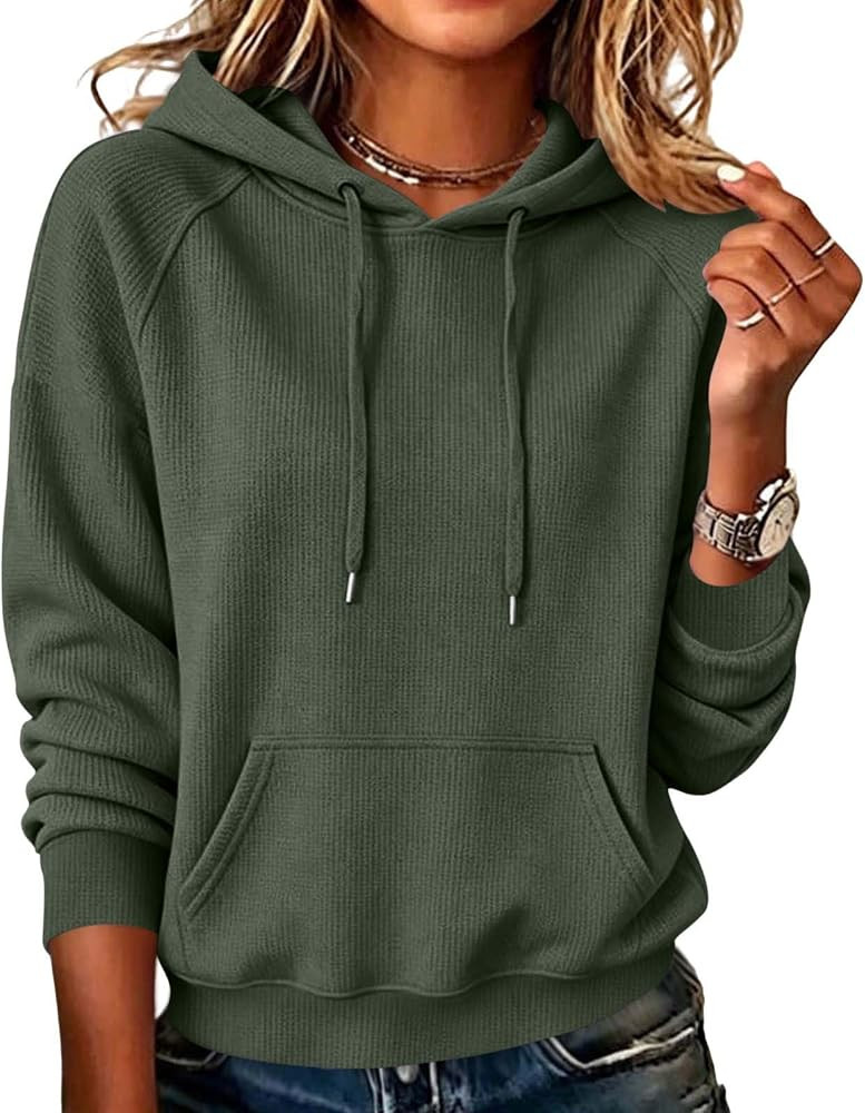 Womens Fall Waffle Knit Hoodies Lightweight Plain Hooded Sweatshirt | Amazon (US)