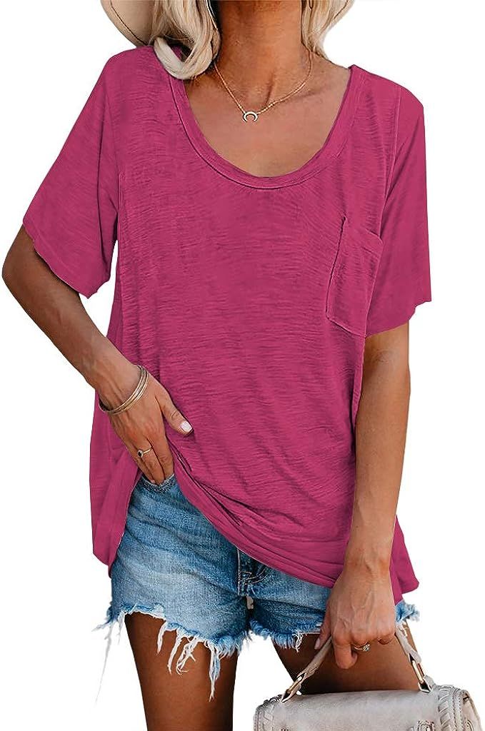Womens Tunic T Shirts Short Sleeve Round Neck Soft Loose Shirts Summer Casual Tops with Pocket | Amazon (US)